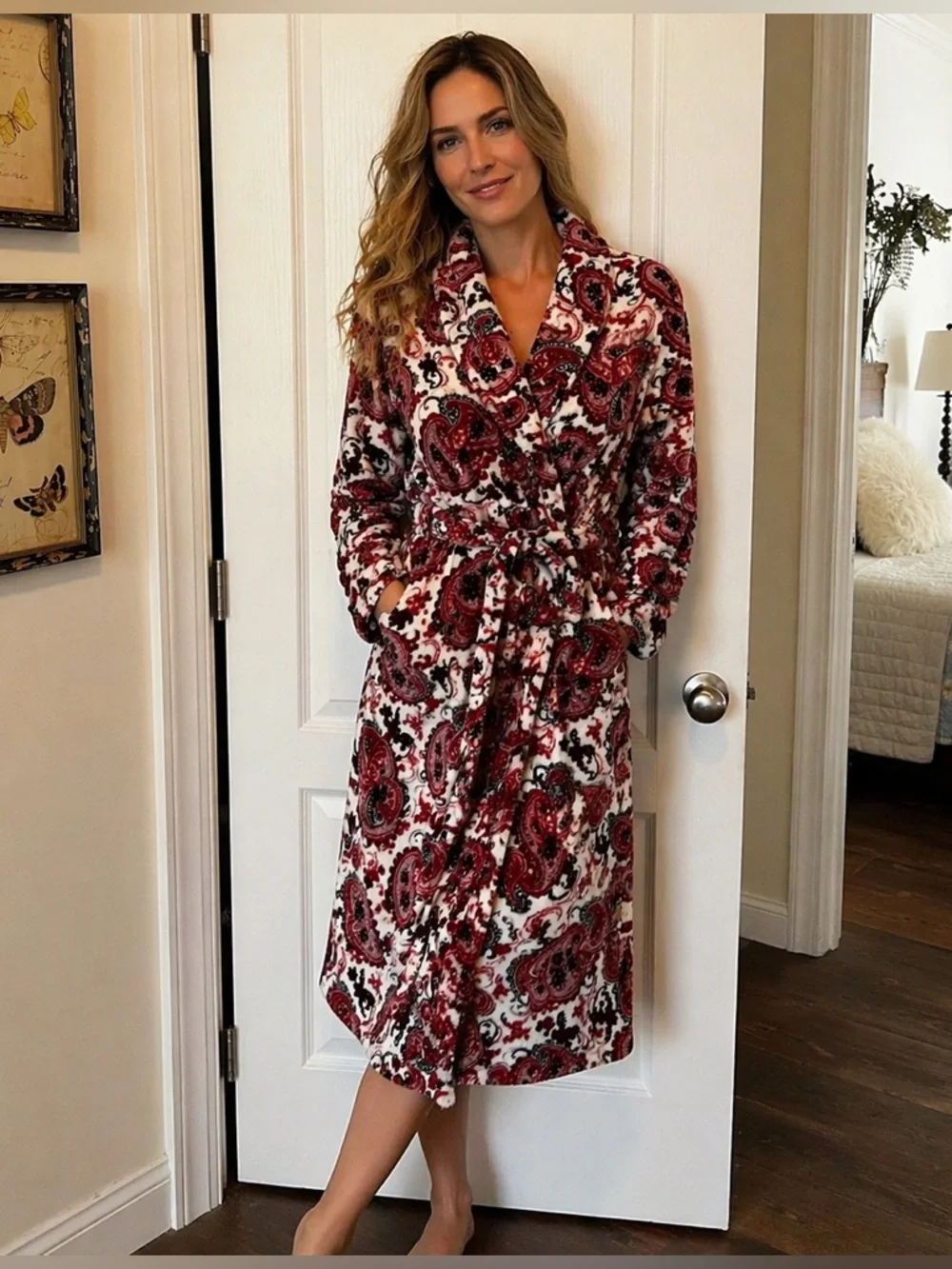 Laura Ashley Plush Paisley Robe Red White Fluffy Has Pockets S/M